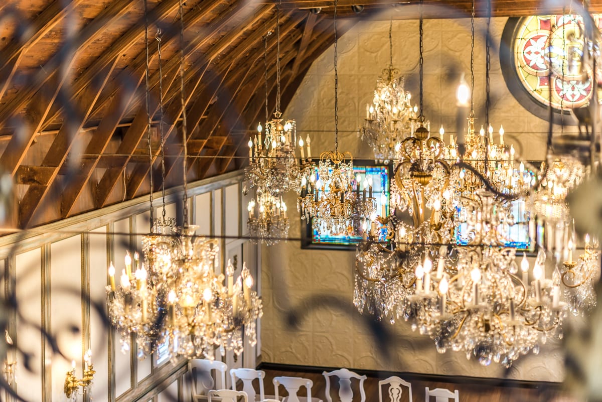 Architectural detail of the Chandelier Barn showing original beams and custom design elements