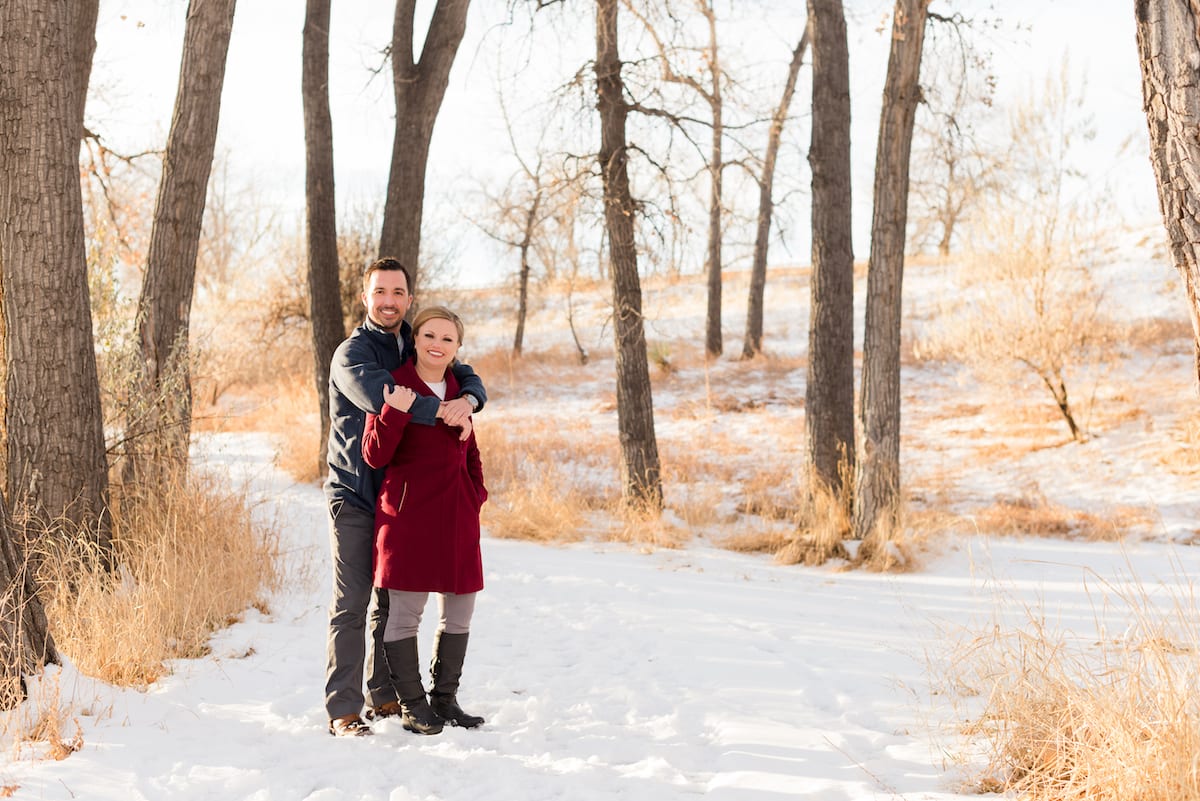 Engagement portrait in the snow at Cherry Creek State Park in Aurora, CO. 