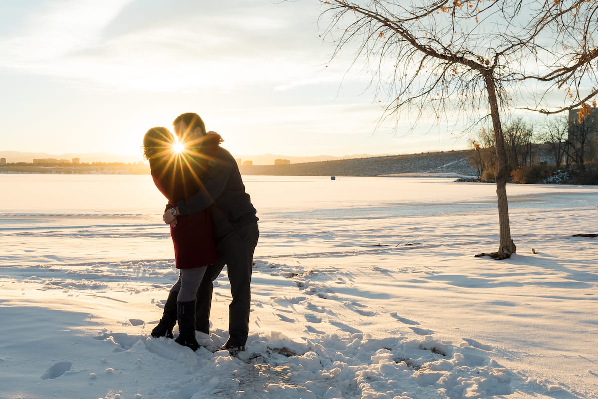 cherry creek state park engagement photos, a couple kissing. 