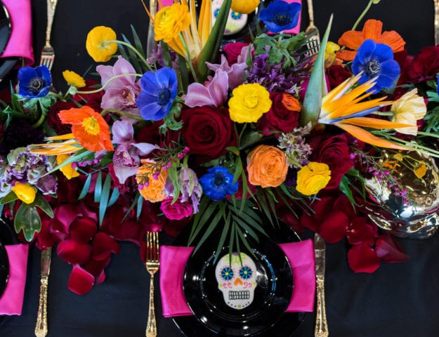 Colorful Day of the Dead inspired floral centerpiece
