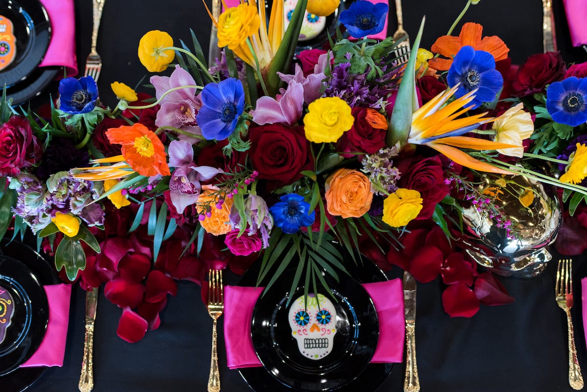 Colorful Day of the Dead inspired floral centerpiece