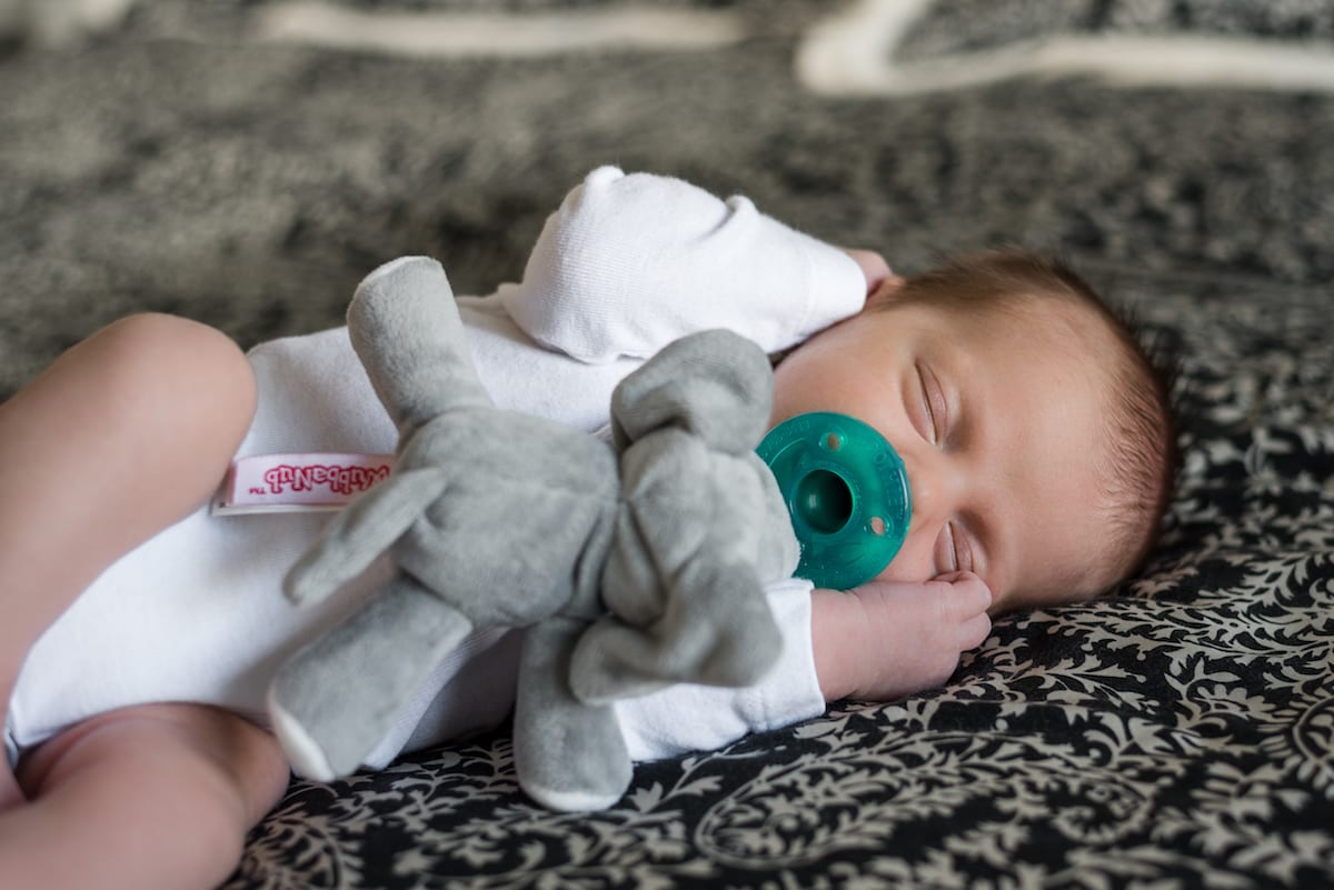 Newborn with pacifier in mouth and stuffed elephant