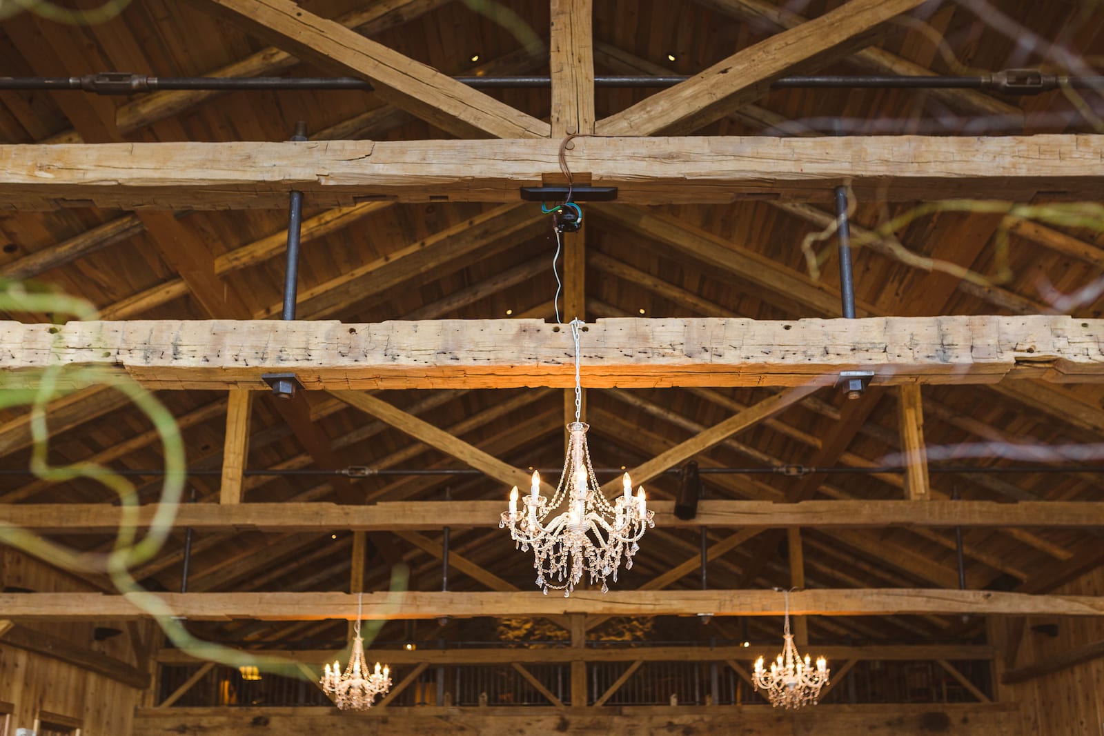 Guests celebrating during a wedding toast inside the Broad Axe Barn at Devil's Thumb Ranch