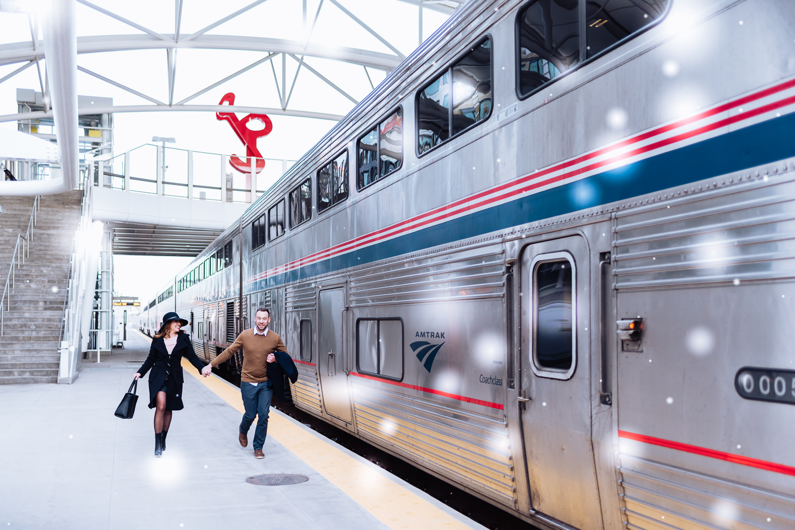 The Quintessential Denver Engagement | Engagement Photo | Union Station Millennium Bridge | From the Hip Photo