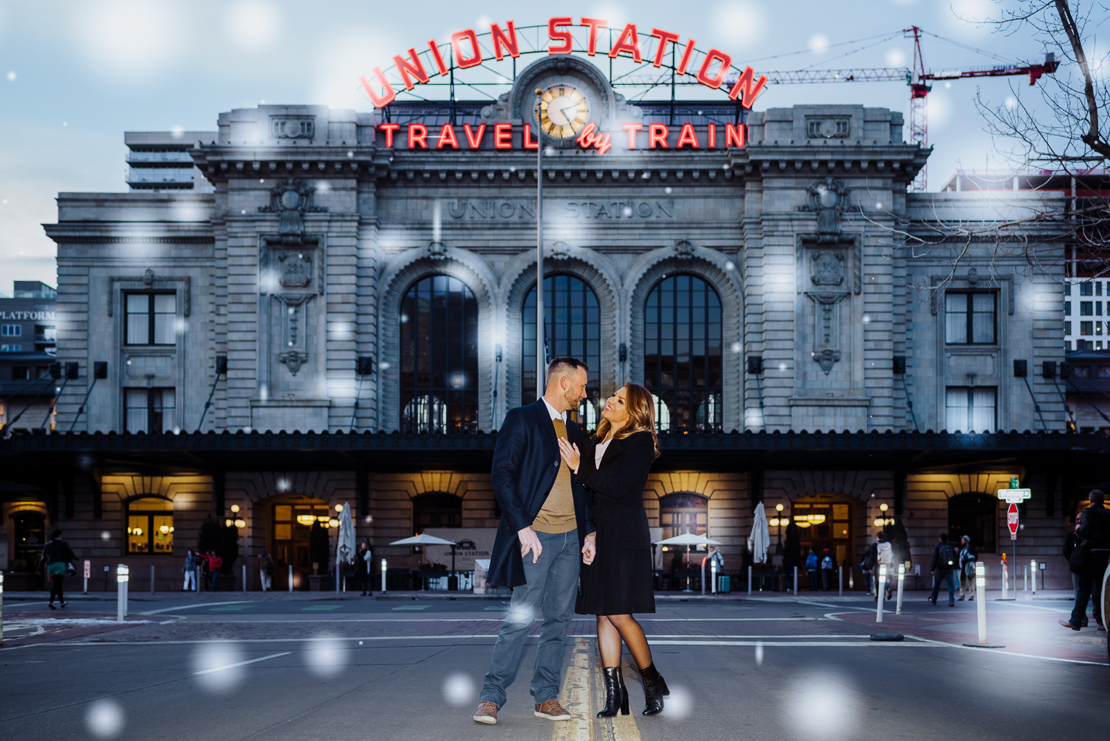 The Quintessential Denver Engagement | Engagement Photo | Union Station Millennium Bridge | From the Hip Photo