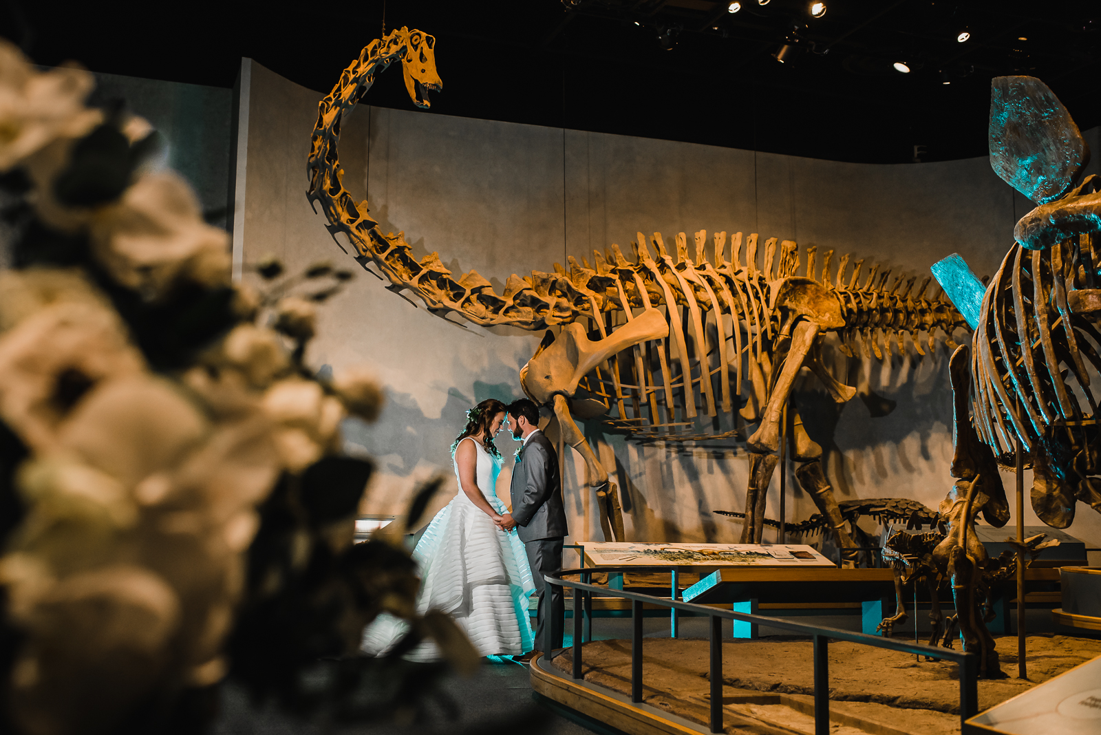 Reception dinner setup inside Denver Museum of Nature and Science