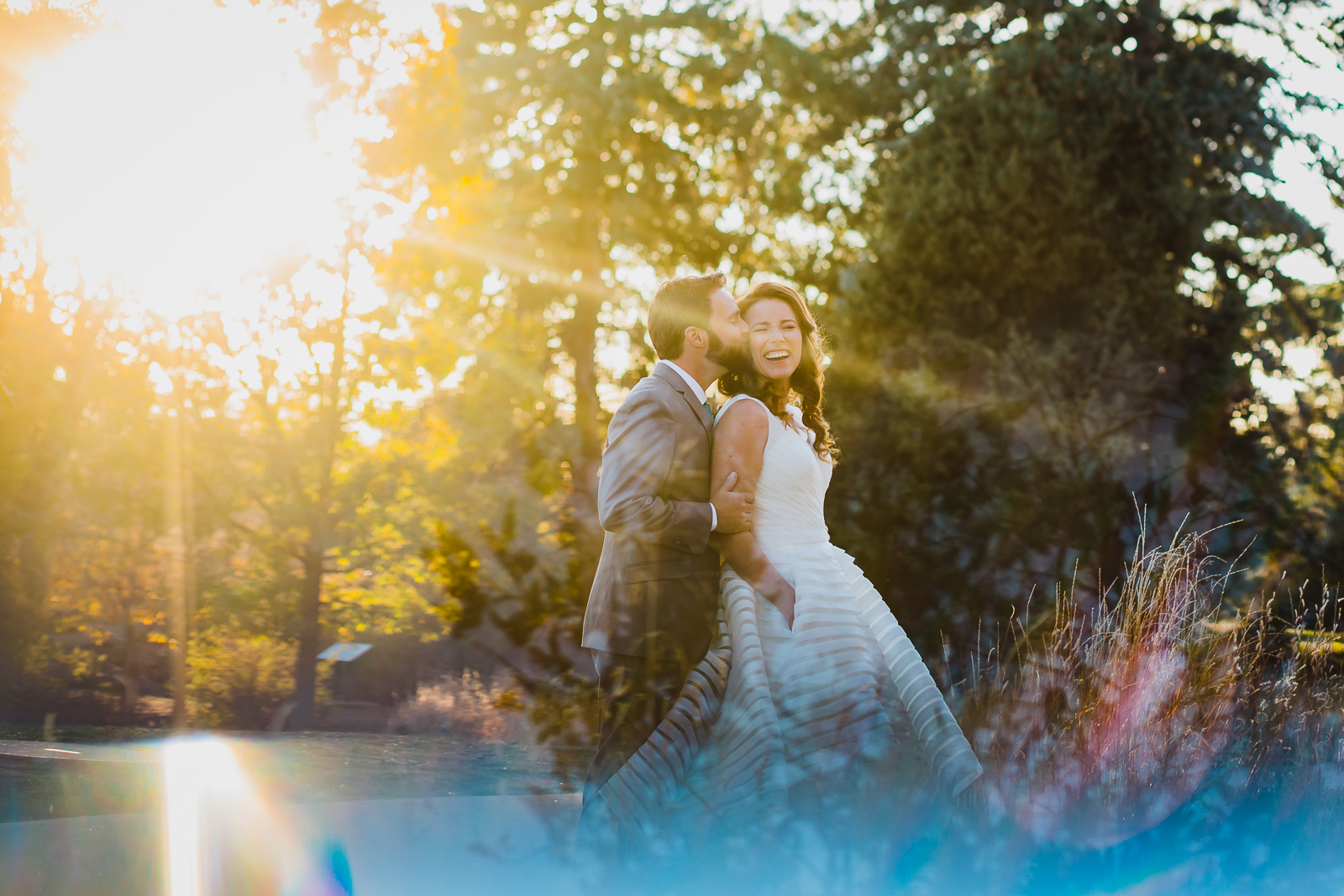 Wedding ceremony at Denver Museum of Nature and Science with skyline view