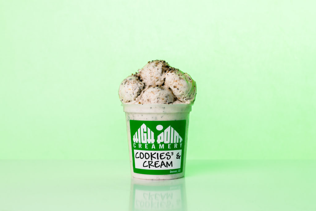 Product Photography | Open cookies and cream ice cream pint on green background | High Point Creamery, Denver, Colorado