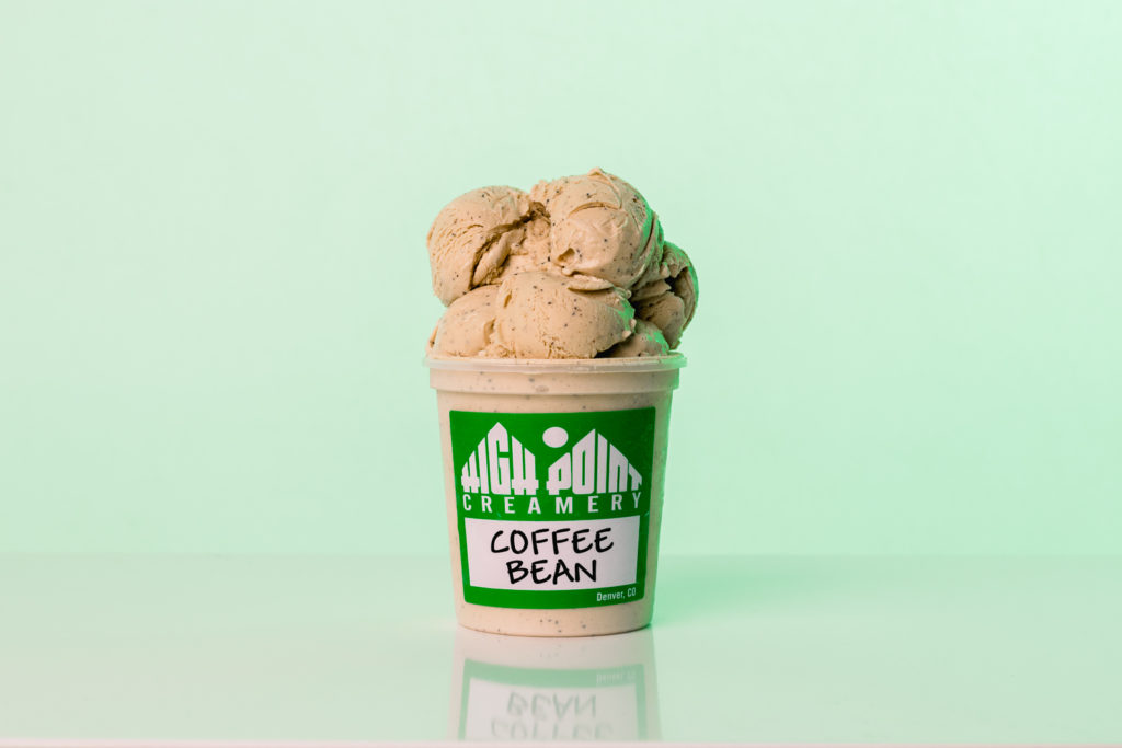 Product Photography | Open coffee bean ice cream pint on green background | High Point Creamery, Denver, Colorado