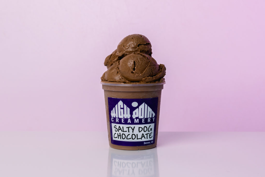 Product Photography | Open salty dog chocolate ice cream pint on purple background | High Point Creamery, Denver, Colorado