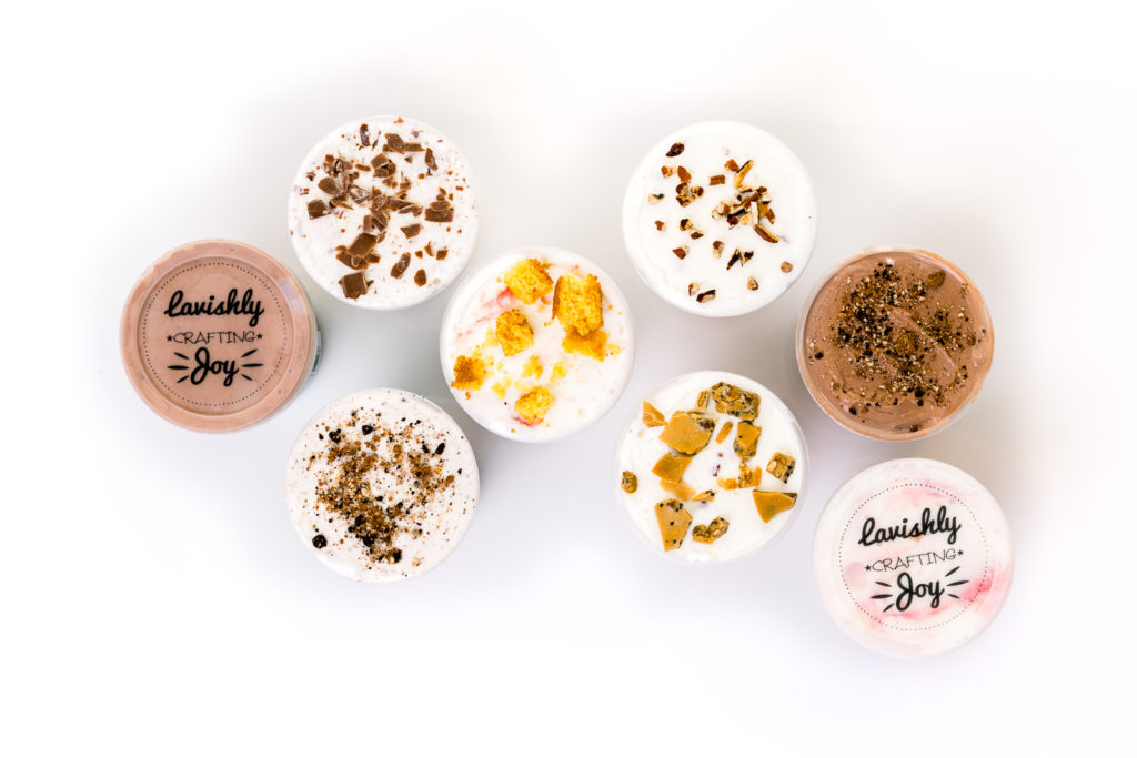 Product Photography | Overhead shot of eight ice cream pints | High Point Creamery, Denver, Colorado