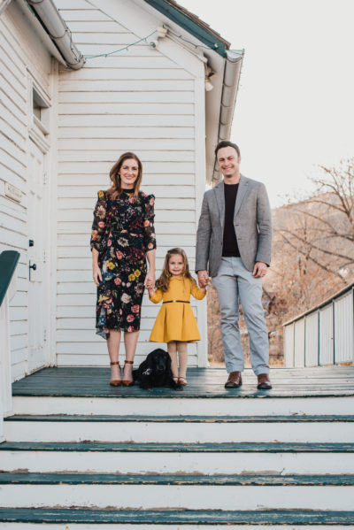 Golden Hour Family of Three with Dog Photos | Denver Colorado Portrait Photographers
