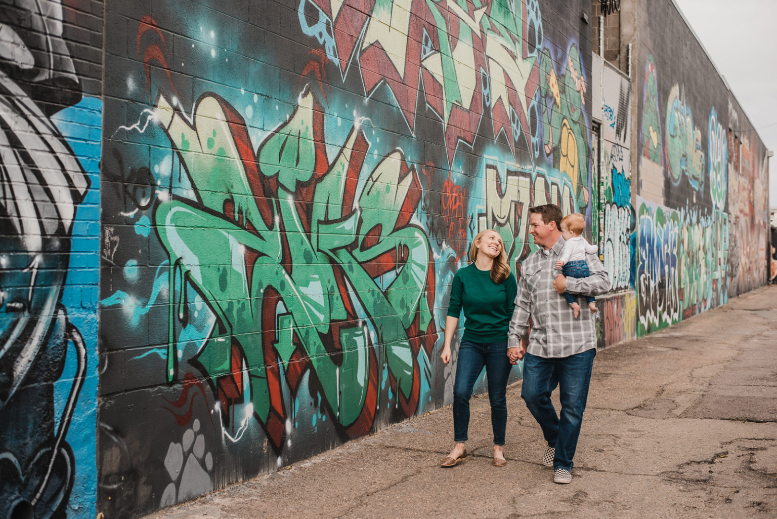 Urban family photos sunset light RiNo Art District Denver industrial backdrop