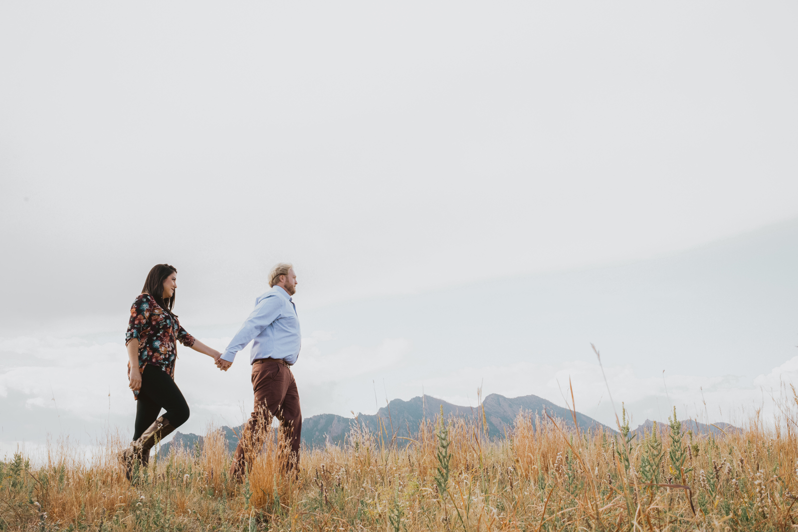 Wide landscape panorama of Boulder Flatirons Vista trail and mountain formations