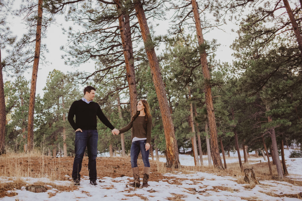 Evergreen Lake House outdoor lake nature trail adventurous candid fun engagement picture | From the Hip Photo Denver Colorado portrait photography