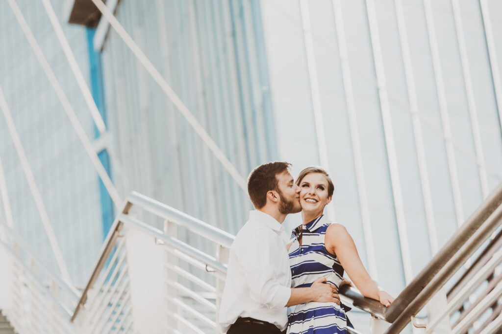 Confluence Park Millenium Bridge Riverfront Park outdoor nature urban downtown fun candid romantic engagement picture | From the Hip Photo Denver Colorado portrait photography 
