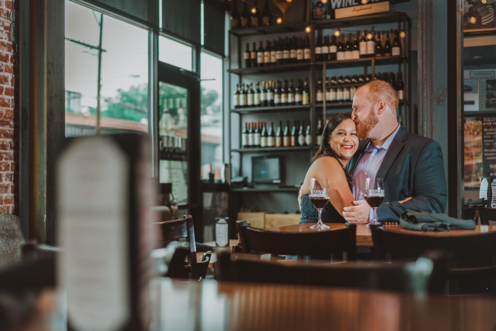 Your Favorite Spot restaurant bar coffee shop bookstore candid fun unique engagement picture | From the Hip Photo Denver Colorado portrait photography 