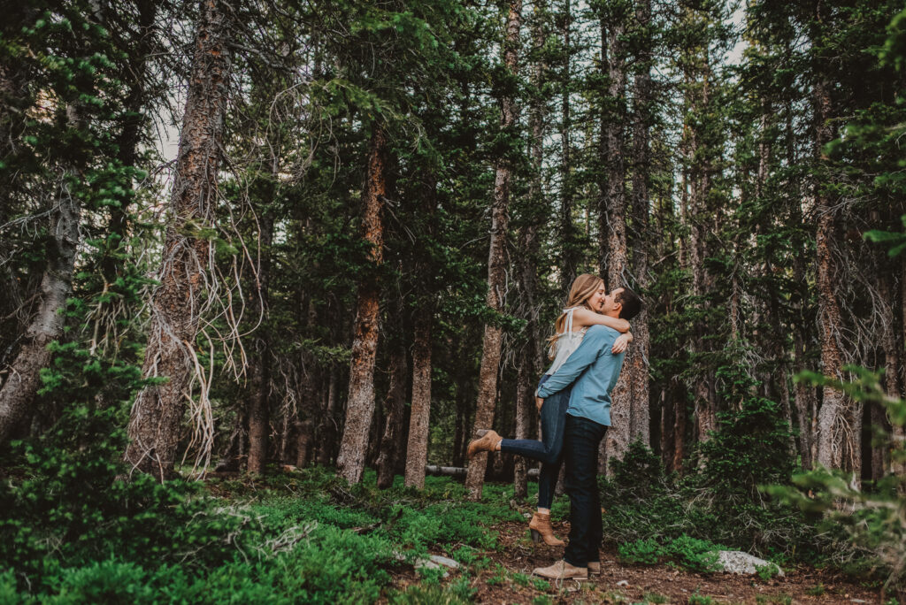 Brainard Lake outdoor lake mountain adventurous fun candid loving engagement picture | From the Hip Photo Denver Colorado portrait photography 