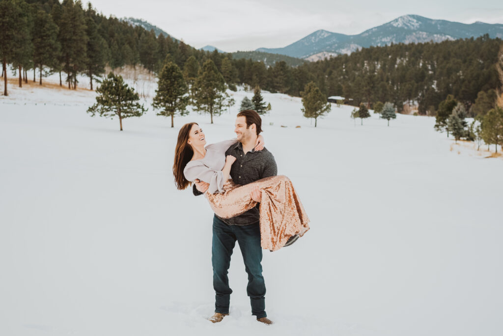 Evergreen Lake House outdoor lake nature trail adventurous candid fun engagement picture | From the Hip Photo Denver Colorado portrait photography