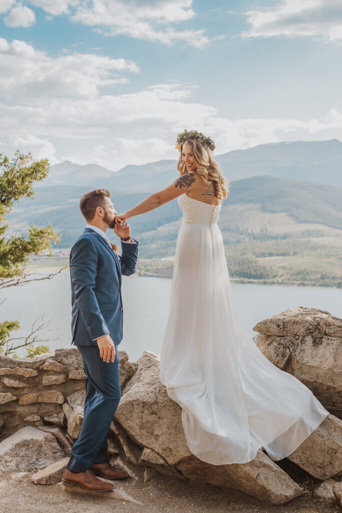 Sapphire Point Dillion Colorado outdoor mountain lake trail nature candid fun loving wedding picture | From the Hip Photo Denver portrait photography 