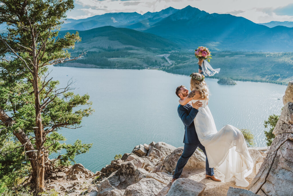 Sapphire Point Dillion Colorado outdoor mountain lake trail nature candid fun loving wedding picture | From the Hip Photo Denver portrait photography 