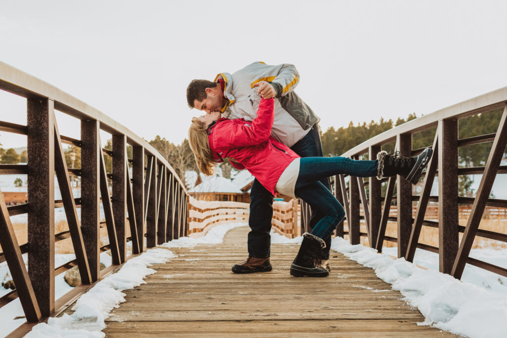 Evergreen Lake House outdoor lake nature trail adventurous candid fun engagement picture | From the Hip Photo Denver Colorado portrait photography