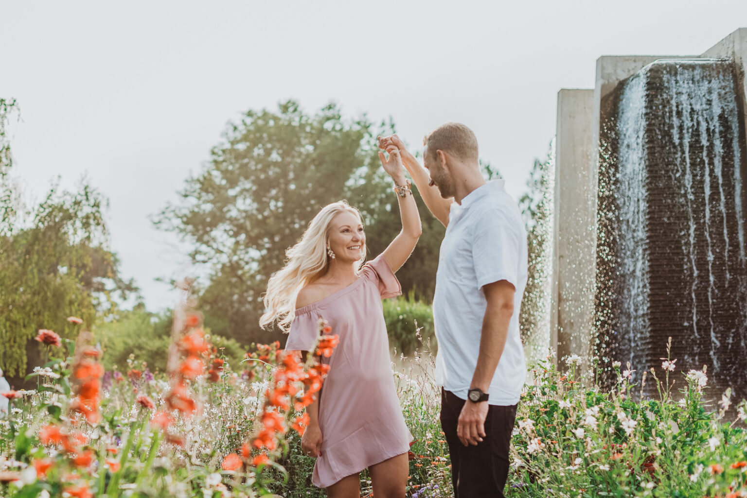 Engagement photos Denver Botanic Gardens golden hour lush garden backdrop