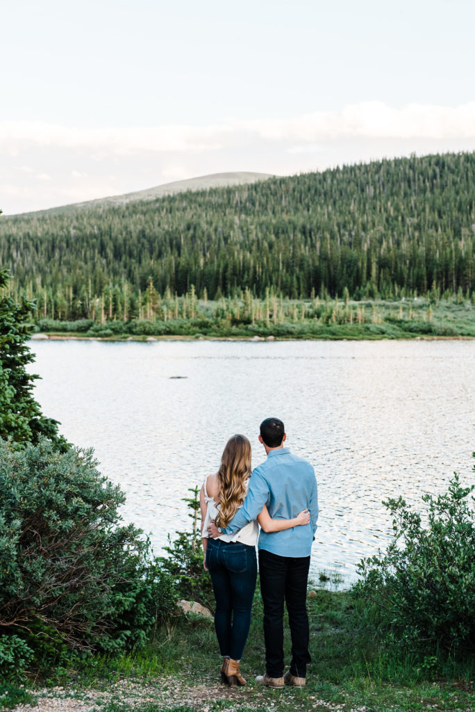 Brainard Lake outdoor lake mountain adventurous fun candid loving engagement picture | From the Hip Photo Denver Colorado portrait photography 