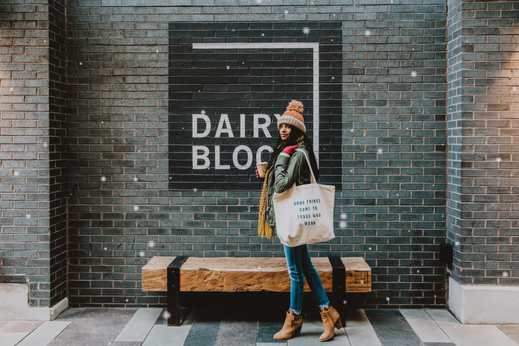 Downtown Denver Dairy Block outdoor urban fun candid loving headshot picture | From the Hip Photo Denver portrait photography 