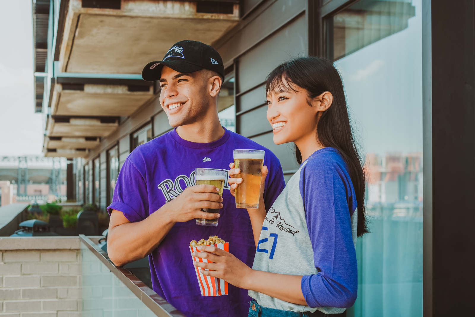 Urban engagement photography downtown Denver with scenic views