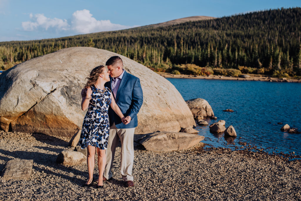 Brainard Lake outdoor lake mountain adventurous fun candid loving engagement picture | From the Hip Photo Denver Colorado portrait photography 