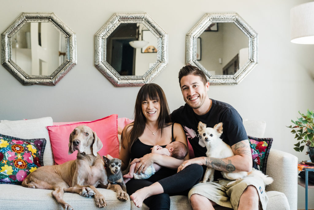Newborn photography | Playful family with a baby and three puppies poses for a whole family photo in their living room