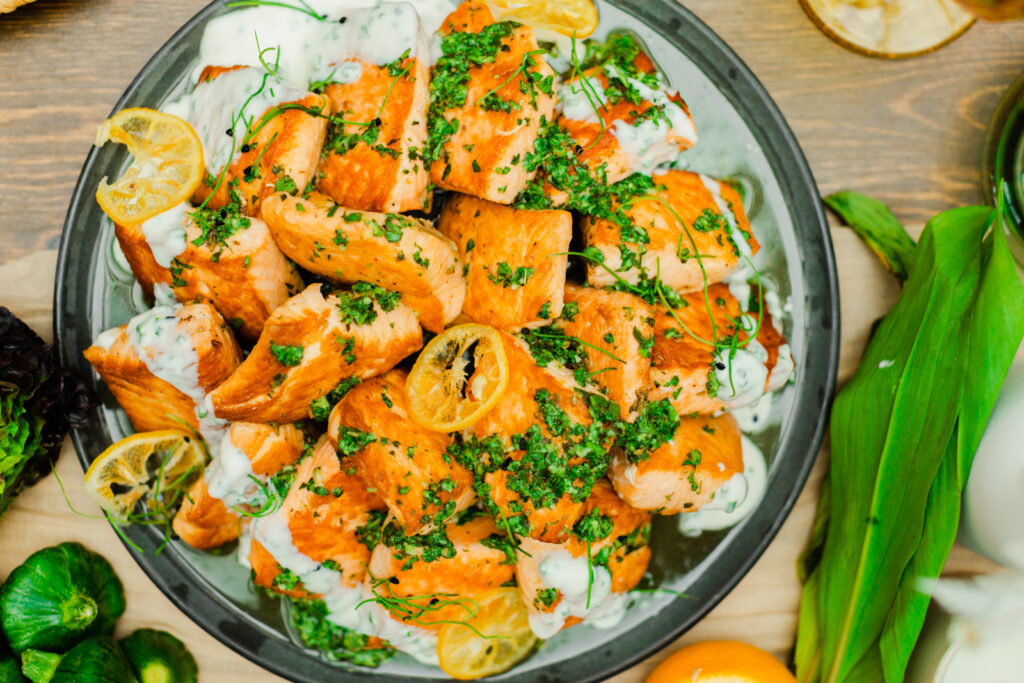 Biscutis and Berries Catering Denver Colorado with From the Hip Photo at Woodlands salmon and sauce