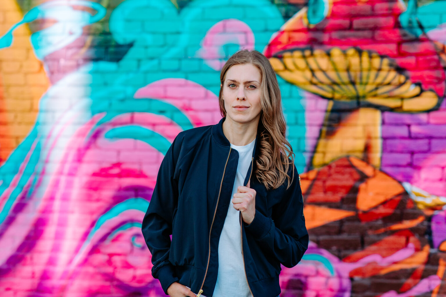 Couple engagement session warm evening light RiNo neighborhood Denver Colorado