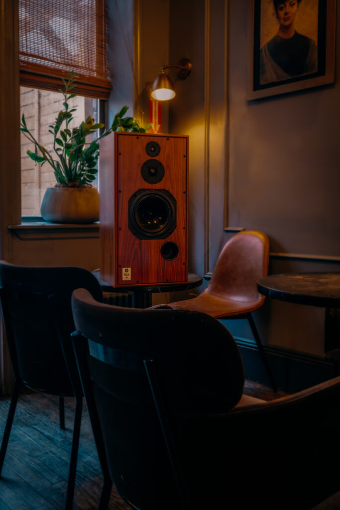 Interior photo of one of the Harbeth speakers at Kissa Kissa | Jazz vinyl cocktail bar in Crown Heights, Brooklyn, New York City