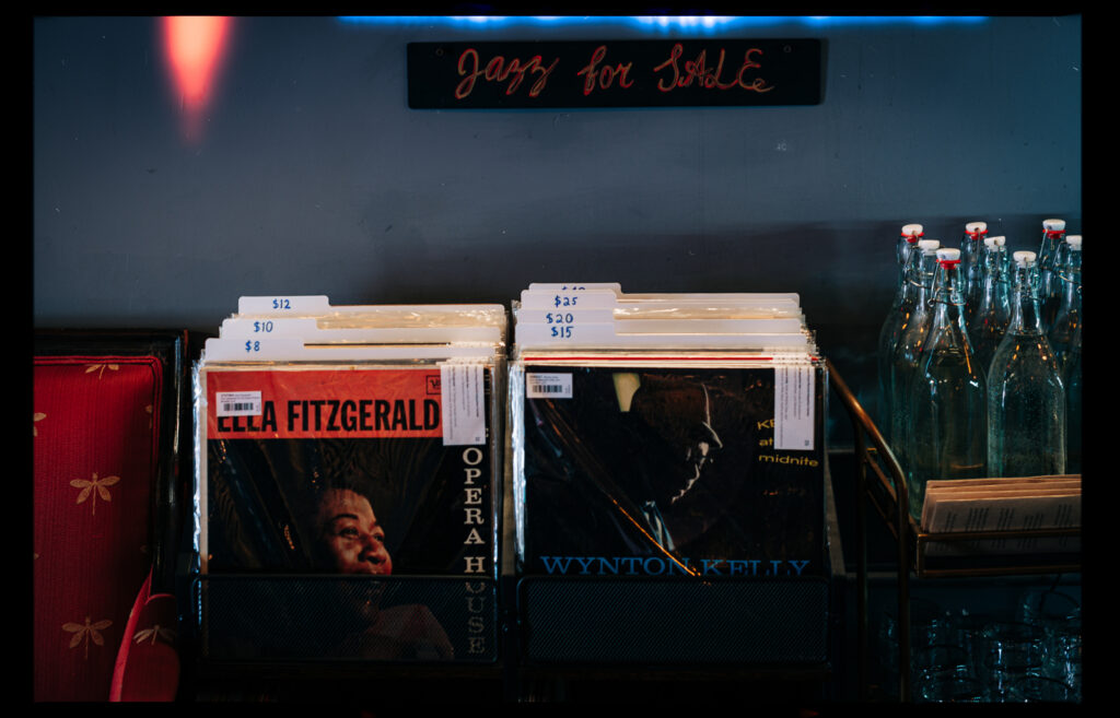 Some of the jazz vinyl for sale at Kissa Kissa -- its small record shop specializes in Japanese pressings | Jazz vinyl cocktail bar in Crown Heights, Brooklyn, New York City